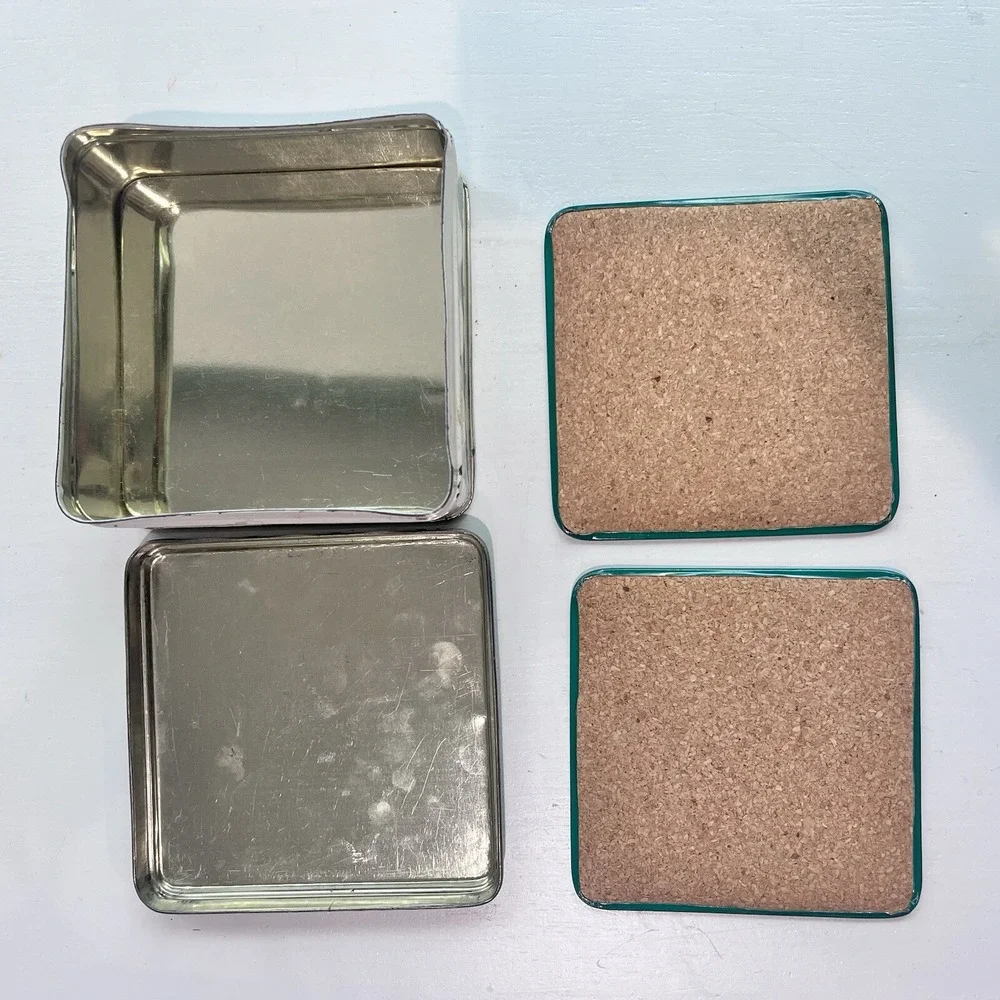 1990 Tin Vintage Coasters Set Of 6 Christmas Cork‎ Back Marry Go Around Green